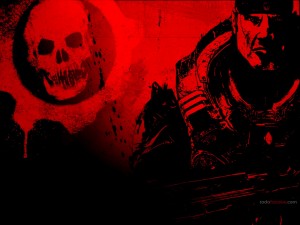 Postal: Dibujo de Gears of War en rojos