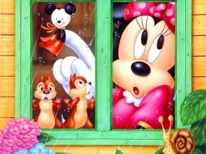 Postal: Minnie y sus amigos mirando por la ventana