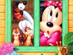 Minnie y sus amigos mirando por la ventana