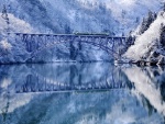 Tren atravesando un puente bajo un paisaje invernal