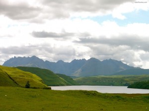 Lago rodeado de campos verdes