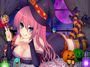 Postal: Voluptuosa chica manga en Halloween
