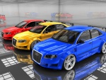 Audis de color rojo, amarillo y azul
