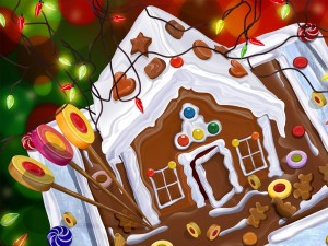 Postal: Una casita navideña de chocolate y galletas de jengibre