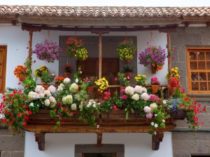 Balcón andaluz lleno de macetas con flores (España)