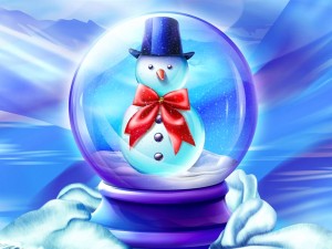 Postal: Muñeco de nieve dentro de una bola de cristal