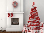 Chimenea y árbol de Navidad blancos