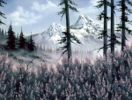 Cuadro de unas montañas nevadas del pintor Bob Ross