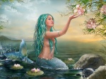 Sirena contemplando la belleza de una flor