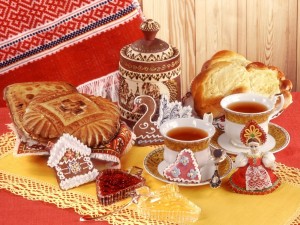 Postal: Té y dulces típicos rusos