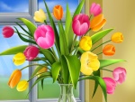 Jarrón con tulipanes coloridos