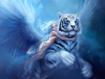 Hada abrazada a un gran tigre blanco