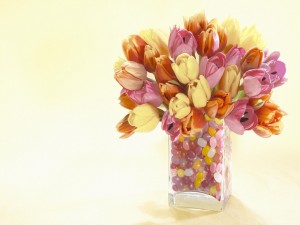 Jarrón con tulipanes de varios colores