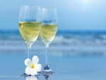 Dos copas de vino blanco en el mar