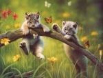 Gatos jugando con mariposas
