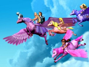 Postal: Personajes de Barbie en caballos alados