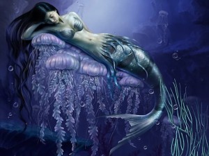 Sirena dormida sobre grandes medusas
