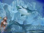 Sirena junto a un gran tiburón