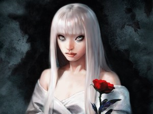 Chica de pelo blanco con una rosa