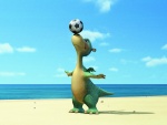 Impy el dinosaurio con un balón de fútbol