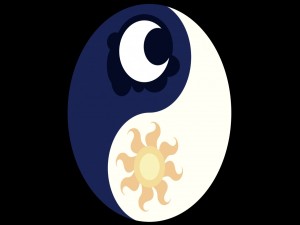 El Taijitu, símbolo que representa el "yin y yang", con un sol y una luna dentro