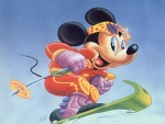 Mickey haciendo snowboard