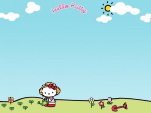 Postal: Hello Kitty regando el jardín
