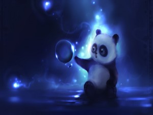 Pequeño oso panda jugando con una burbuja de agua