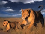 Óleo de una leona con su cría