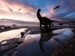 Dinosaurios en una playa