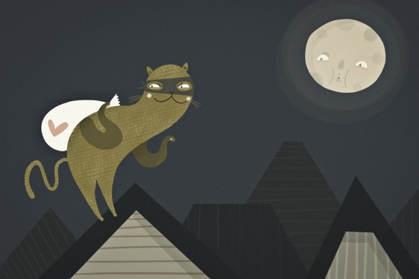 Gato ladrón vigilado por la luna