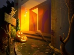 Una puerta abierta en la noche de Halloween