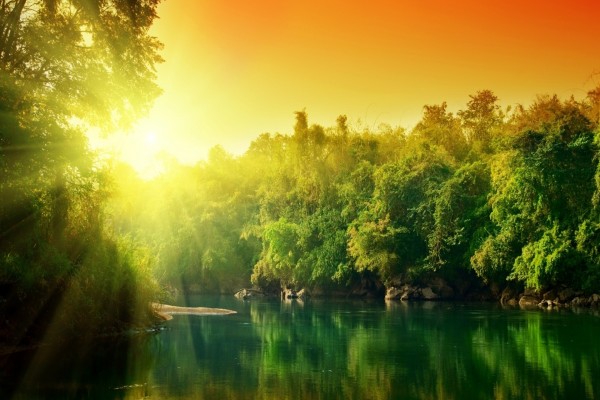 El sol sobre un río de aguas verdes