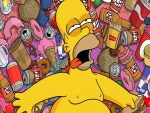 Homer tumbado sobre montones de comida y bebida
