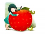 Niña abrazada a una manzana
