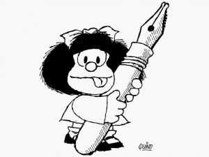 Postal: Mafalda sujetando una pluma
