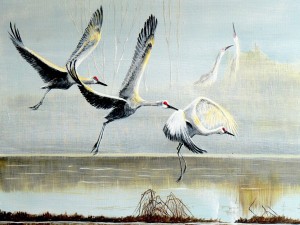 Pintura de cigüeñas volando