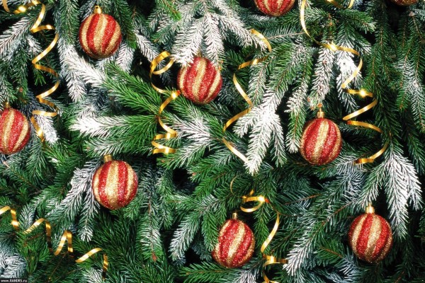 Bolas y cintas doradas en el árbol de Navidad