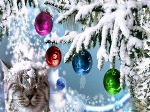 Postal: Un gato bajo un árbol de Navidad nevado