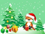 Ilustración para Navidad con un tigre, arbolito y regalos