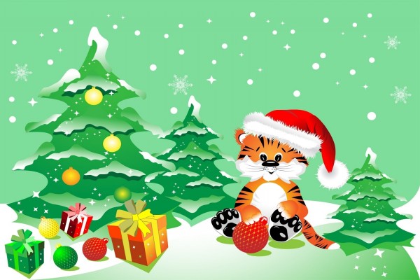 Ilustración para Navidad con un tigre, arbolito y regalos