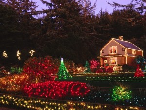 Postal: Casa y jardín con luces de Navidad