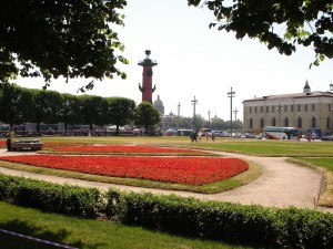 Postal: Parque con flores rojas