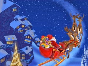 Postal: Santa Claus con sus renos repartiendo regalos