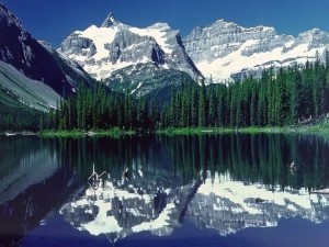 Postal: Montañas con nieve, pinos y el lago