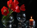 Florero de vidrio con tulipanes y una vela