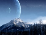 Luna y planetas cerca de la montaña