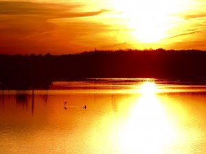 El sol reflejado en el lago al atardecer