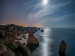 La luna iluminando las rocas y el mar