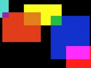 Cuadrados y rectángulos de colores sobre un fondo negro